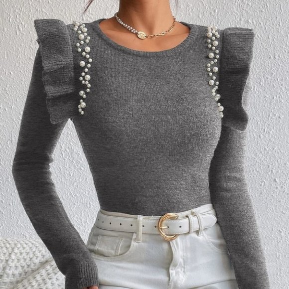 Pearl Beaded Ruffle Trim Sweater top gray - Picture 4 of 5